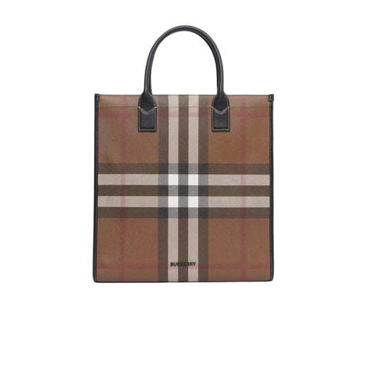 버버리 이그재저레이트 체크 슬림 버티컬 데니 토트백 다크 버치 브라운